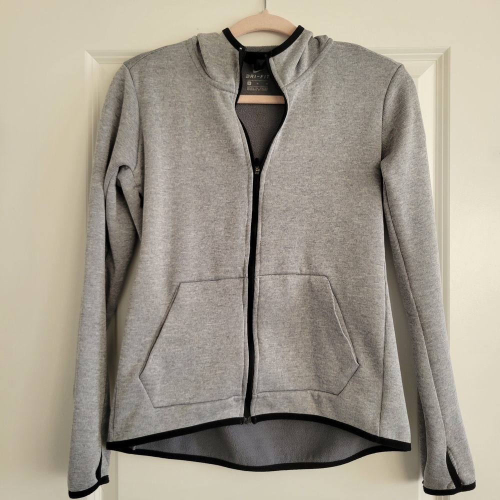 Nike Dri-FIT Women's Hooded Full Zip Jacket Gray Black M Thumbholes Pockets
